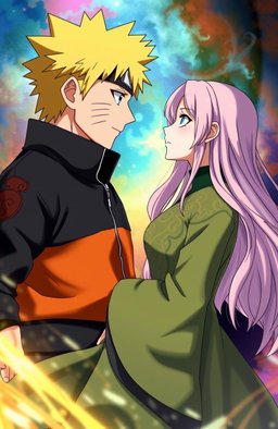 A dramatic and intense scene featuring Uzumaki Naruto from the anime Naruto Shippuden and Elizabeth Liones from the anime Nanatsu no Taizai, gazing into each other's eyes with deep emotions