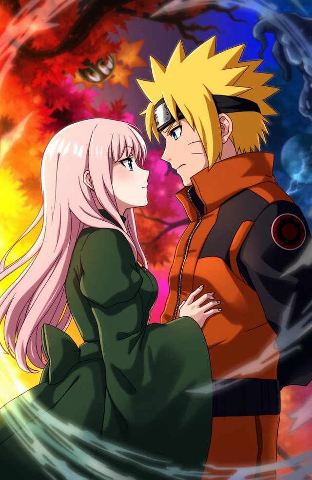 A dramatic and intense scene featuring Uzumaki Naruto from the anime Naruto Shippuden and Elizabeth Liones from the anime Nanatsu no Taizai, gazing into each other's eyes with deep emotions