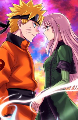 A dramatic and intense scene featuring Uzumaki Naruto from the anime Naruto Shippuden and Elizabeth Liones from the anime Nanatsu no Taizai, gazing into each other's eyes with deep emotions