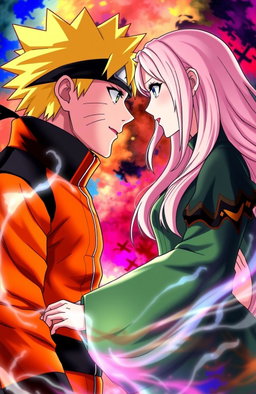 A dramatic and intense scene featuring Uzumaki Naruto from the anime Naruto Shippuden and Elizabeth Liones from the anime Nanatsu no Taizai, gazing into each other's eyes with deep emotions