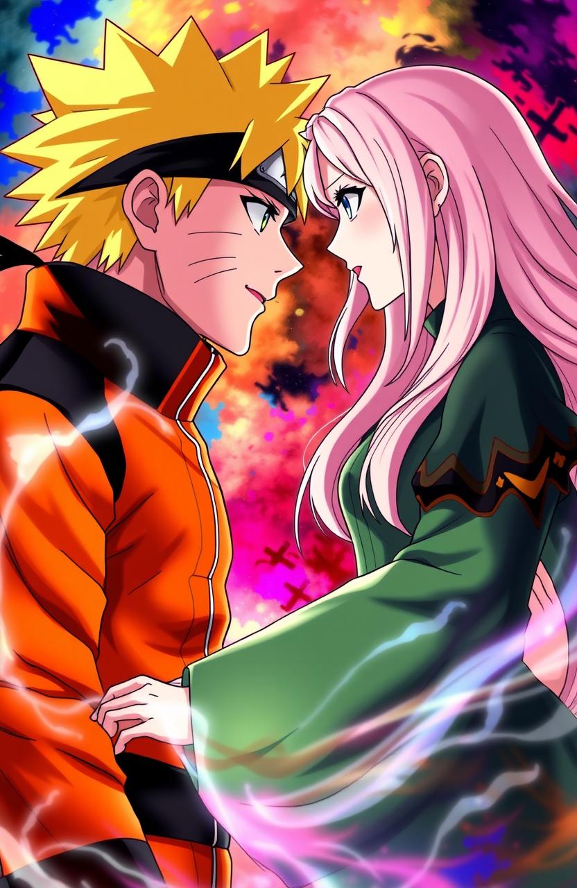A dramatic and intense scene featuring Uzumaki Naruto from the anime Naruto Shippuden and Elizabeth Liones from the anime Nanatsu no Taizai, gazing into each other's eyes with deep emotions
