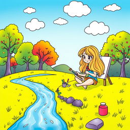 A whimsical drawing for a coloring book featuring a young girl with long flowing hair, sitting cross-legged on a grassy hill, painting her vibrant surroundings