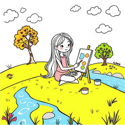 A whimsical drawing for a coloring book featuring a young girl with long flowing hair, sitting cross-legged on a grassy hill, painting her vibrant surroundings