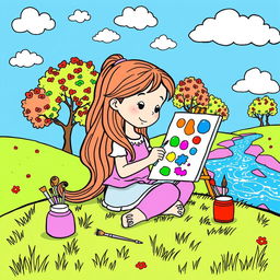 A whimsical drawing for a coloring book featuring a young girl with long flowing hair, sitting cross-legged on a grassy hill, painting her vibrant surroundings