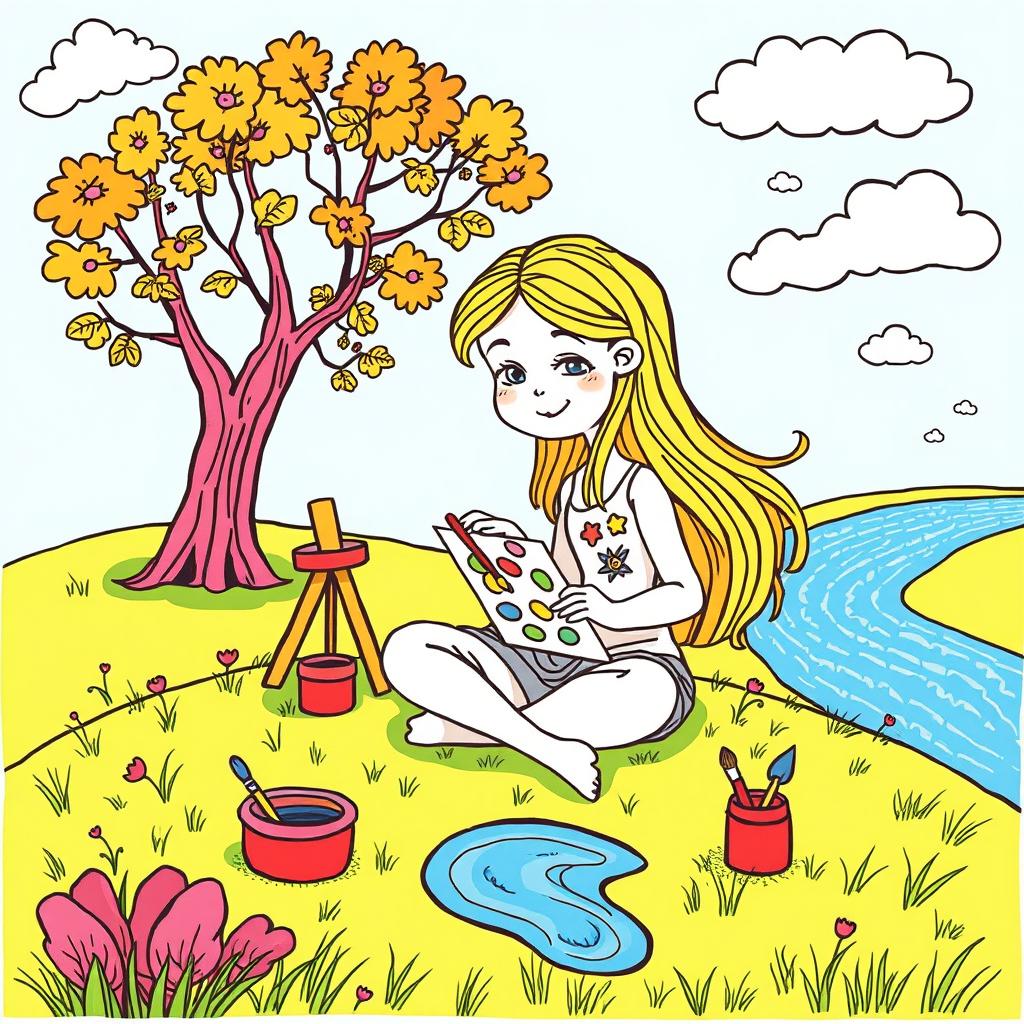 A whimsical drawing for a coloring book featuring a young girl with long flowing hair, sitting cross-legged on a grassy hill, painting her vibrant surroundings