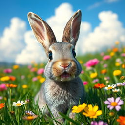 A slender gray rabbit with oversized rabbit teeth and shiny black eyes, sitting in a vibrant green meadow surrounded by colorful flowers