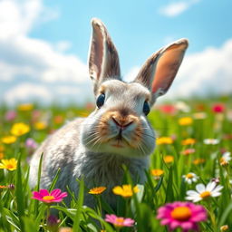 A slender gray rabbit with oversized rabbit teeth and shiny black eyes, sitting in a vibrant green meadow surrounded by colorful flowers