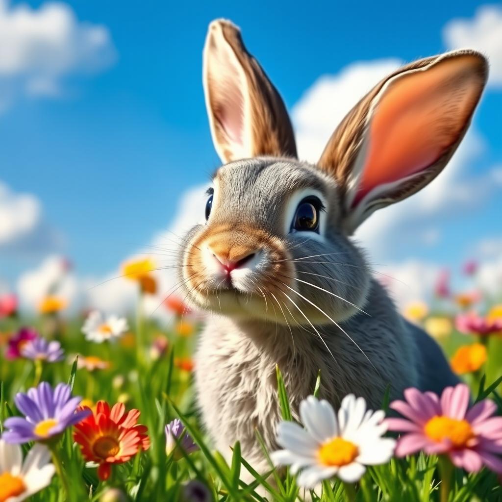 A slender gray rabbit with oversized rabbit teeth and shiny black eyes, sitting in a vibrant green meadow surrounded by colorful flowers