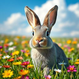 A slender gray rabbit with oversized rabbit teeth and shiny black eyes, sitting in a vibrant green meadow surrounded by colorful flowers