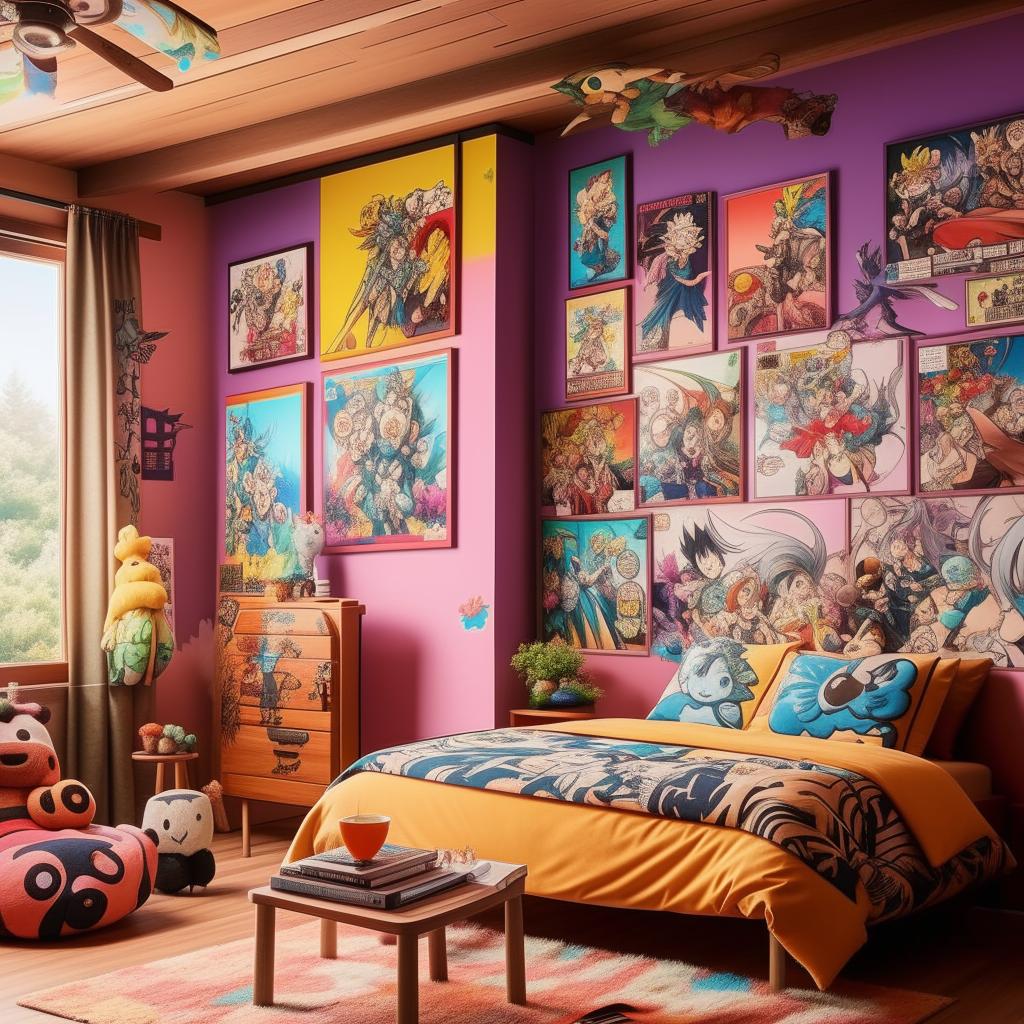 A men's bedroom influenced by anime, featuring vibrant colors, manga-themed wall art, unique furnishings inspired by popular characters, and a cozy yet imaginative ambience.