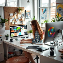 A graphic designer working in a modern studio, surrounded by colorful design materials and high-tech equipment