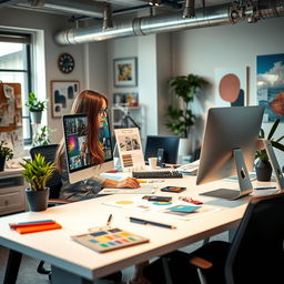 A graphic designer working in a modern studio, surrounded by colorful design materials and high-tech equipment
