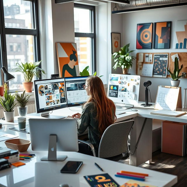 A graphic designer working in a modern studio, surrounded by colorful design materials and high-tech equipment