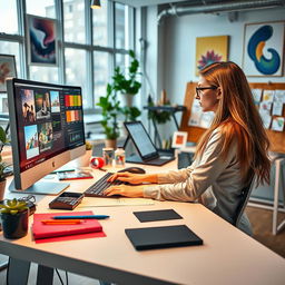 A graphic designer working in a modern studio, surrounded by colorful design materials and high-tech equipment