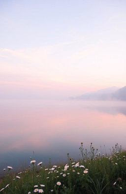 A serene and ethereal landscape featuring a vast, tranquil lake surrounded by misty mountains under a soft, pastel sky at dawn, reflecting the gentle hues of pink, orange, and lavender