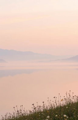 A serene and ethereal landscape featuring a vast, tranquil lake surrounded by misty mountains under a soft, pastel sky at dawn, reflecting the gentle hues of pink, orange, and lavender