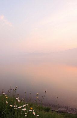A serene and ethereal landscape featuring a vast, tranquil lake surrounded by misty mountains under a soft, pastel sky at dawn, reflecting the gentle hues of pink, orange, and lavender