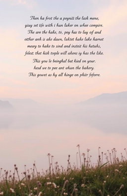 A serene and ethereal landscape featuring a vast, tranquil lake surrounded by misty mountains under a soft, pastel sky at dawn, reflecting the gentle hues of pink, orange, and lavender