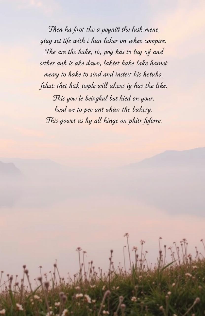 A serene and ethereal landscape featuring a vast, tranquil lake surrounded by misty mountains under a soft, pastel sky at dawn, reflecting the gentle hues of pink, orange, and lavender