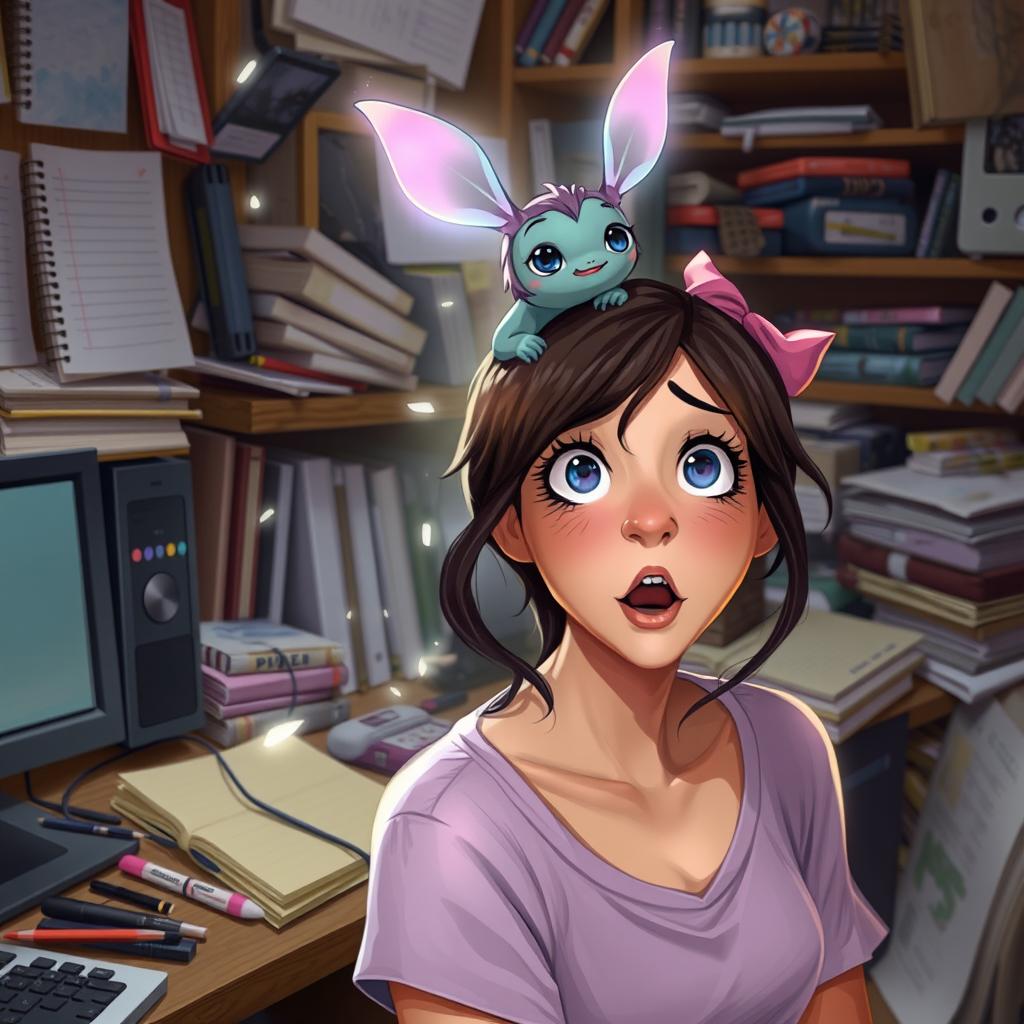 A magical scene featuring Keya, a small, enchanting creature, perched on the shoulder of Zoe, who has a surprised but excited expression