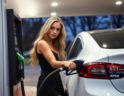 A young blonde woman with long wavy hair and striking blue eyes fuels a white car at a gas station in the early morning