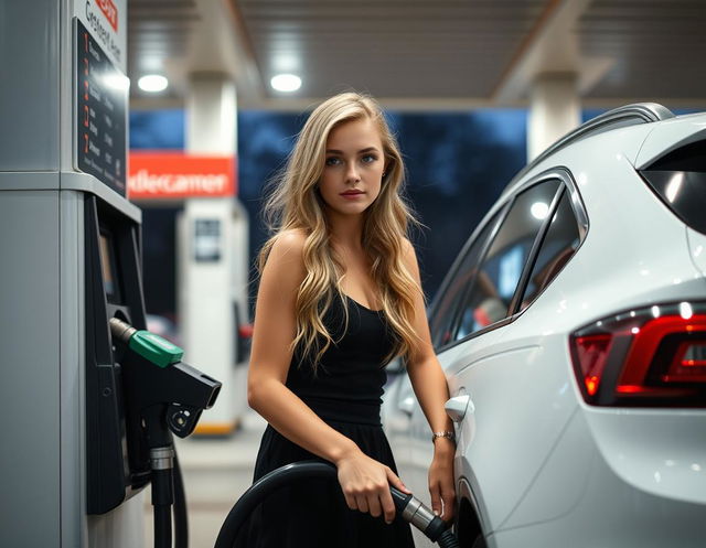 A young blonde woman with long wavy hair and striking blue eyes fuels a white car at a gas station in the early morning