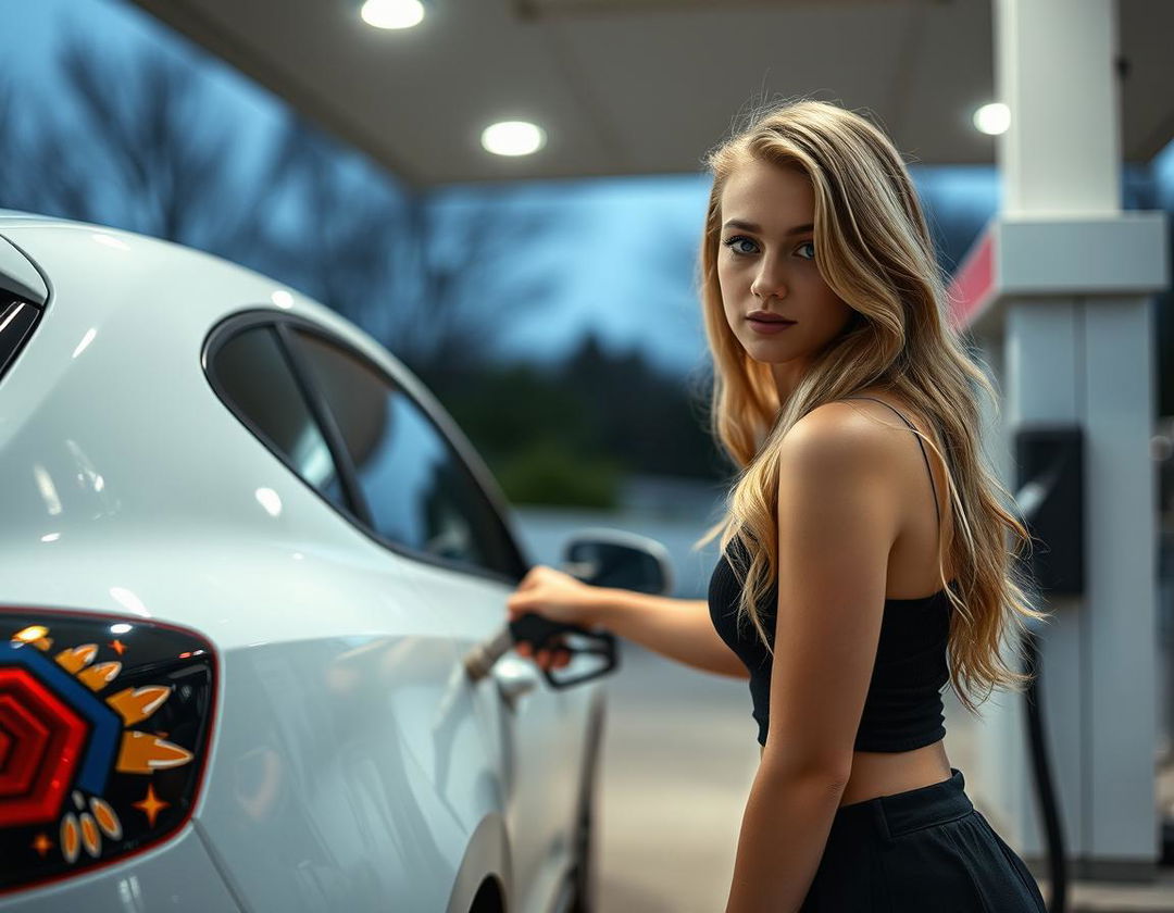 A young blonde woman with long wavy hair and striking blue eyes fuels a white car at a gas station in the early morning