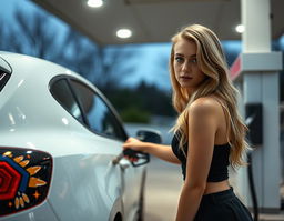 A young blonde woman with long wavy hair and striking blue eyes fuels a white car at a gas station in the early morning