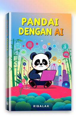 A vibrant book cover design titled 'PANDAI DENGAN AI', showcasing an imaginative blend of artificial intelligence elements and pandas