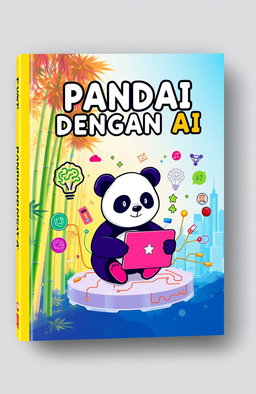 A vibrant book cover design titled 'PANDAI DENGAN AI', showcasing an imaginative blend of artificial intelligence elements and pandas