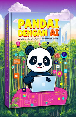 A vibrant book cover design titled 'PANDAI DENGAN AI', showcasing an imaginative blend of artificial intelligence elements and pandas