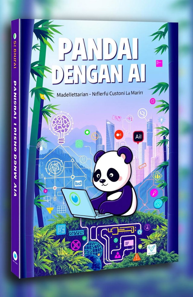A vibrant book cover design titled 'PANDAI DENGAN AI', showcasing an imaginative blend of artificial intelligence elements and pandas