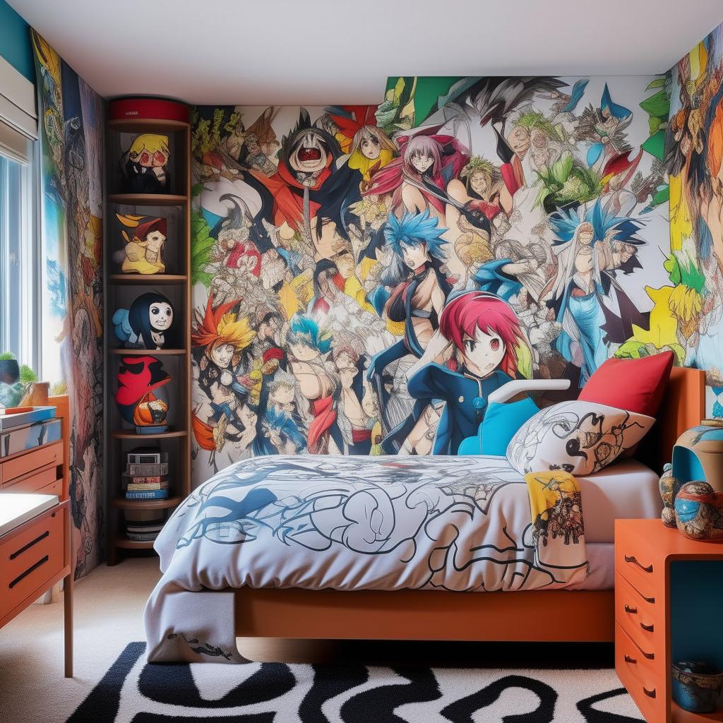 A men's bedroom influenced by anime, featuring vibrant colors, manga-themed wall art, unique furnishings inspired by popular characters, and a cozy yet imaginative ambience.