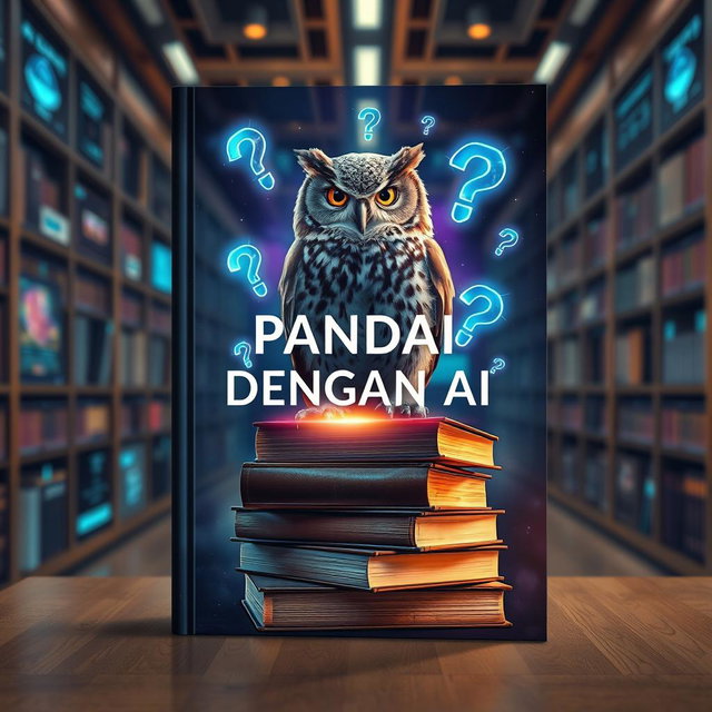 A captivating book cover design titled 'PANDAI DENGAN AI', illustrating the concept of artificial intelligence that answers all questions