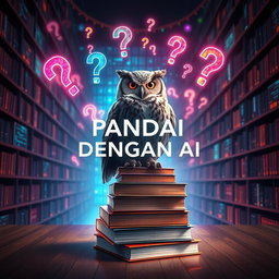 A captivating book cover design titled 'PANDAI DENGAN AI', illustrating the concept of artificial intelligence that answers all questions