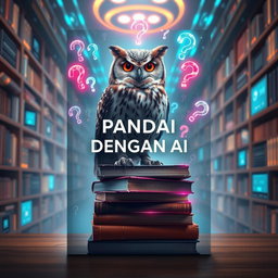 A captivating book cover design titled 'PANDAI DENGAN AI', illustrating the concept of artificial intelligence that answers all questions