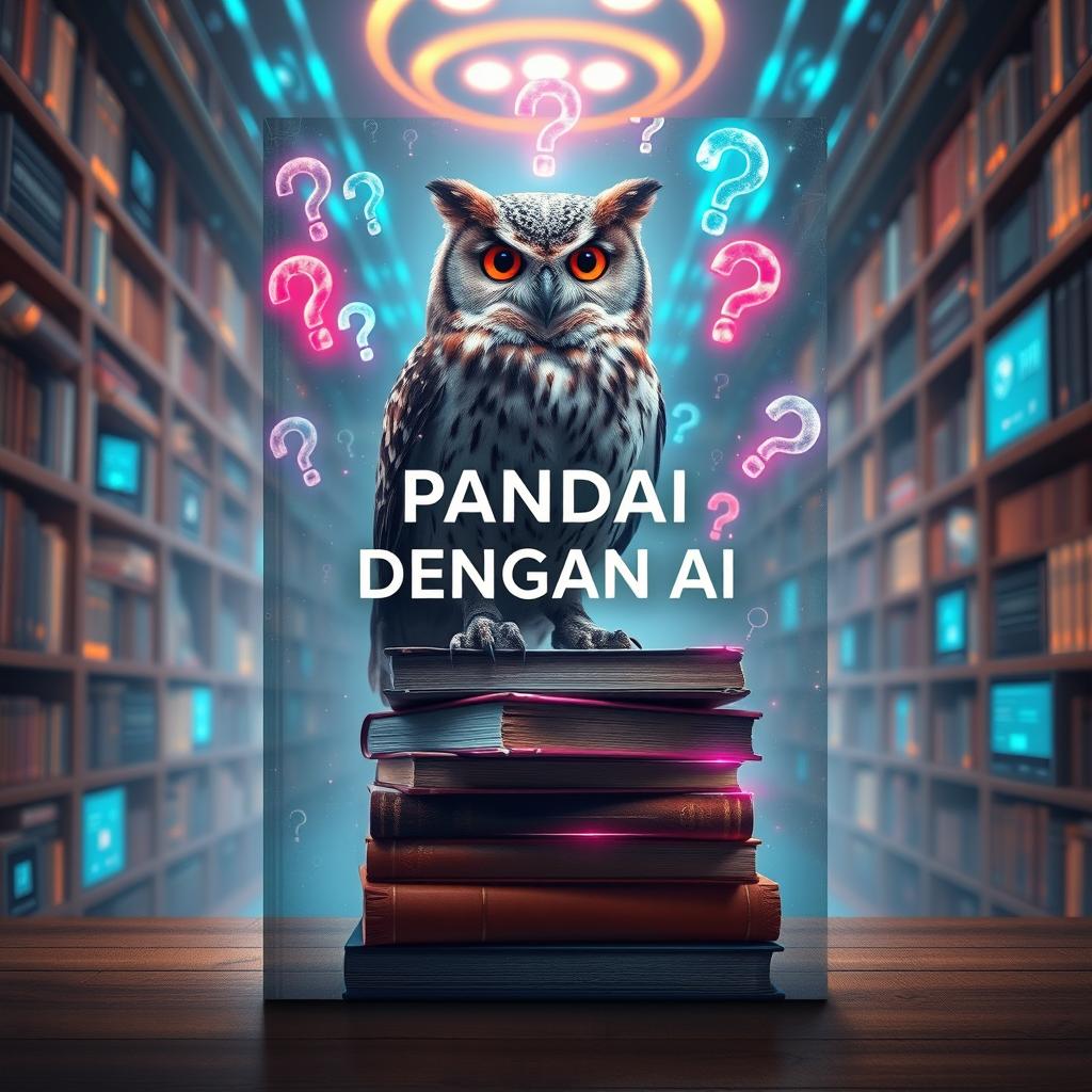 A captivating book cover design titled 'PANDAI DENGAN AI', illustrating the concept of artificial intelligence that answers all questions