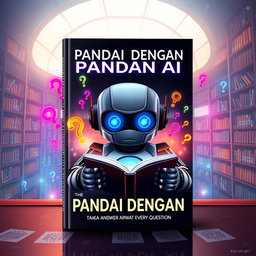 A striking book cover design titled 'PANDAI DENGAN AI', illustrating the theme of artificial intelligence characterized by its ability to answer every question