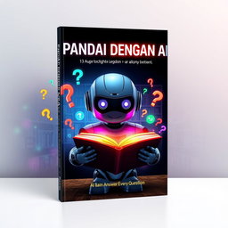 A striking book cover design titled 'PANDAI DENGAN AI', illustrating the theme of artificial intelligence characterized by its ability to answer every question