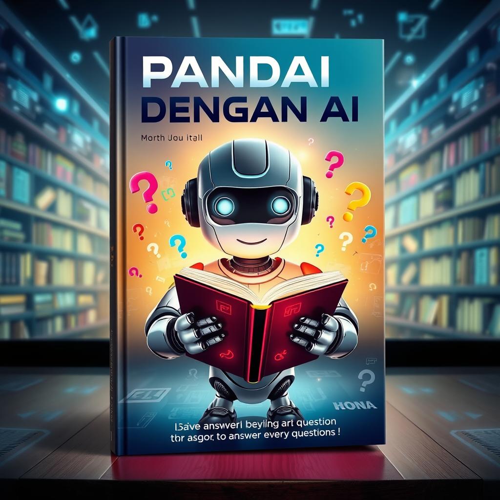 A striking book cover design titled 'PANDAI DENGAN AI', illustrating the theme of artificial intelligence characterized by its ability to answer every question