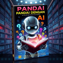 A striking book cover design titled 'PANDAI DENGAN AI', illustrating the theme of artificial intelligence characterized by its ability to answer every question