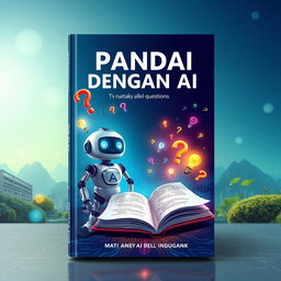 A visually engaging book cover design titled 'PANDAI DENGAN AI', which embodies the essence of artificial intelligence and its capability to answer all questions