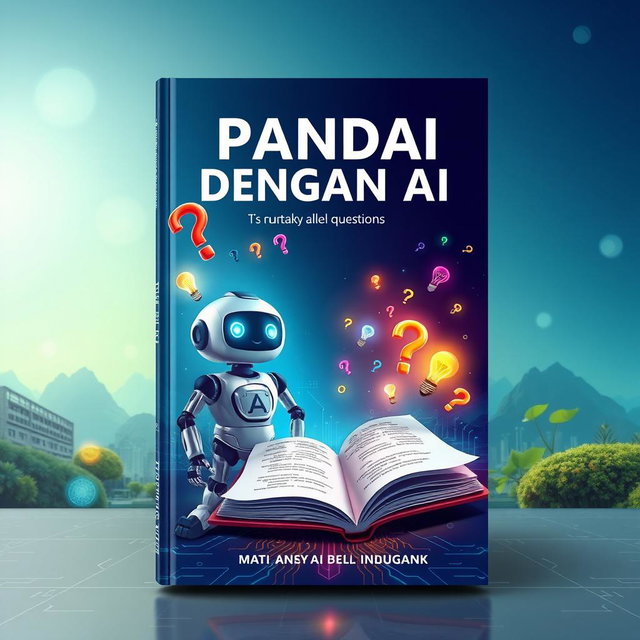 A visually engaging book cover design titled 'PANDAI DENGAN AI', which embodies the essence of artificial intelligence and its capability to answer all questions