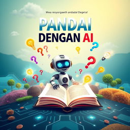 A visually engaging book cover design titled 'PANDAI DENGAN AI', which embodies the essence of artificial intelligence and its capability to answer all questions