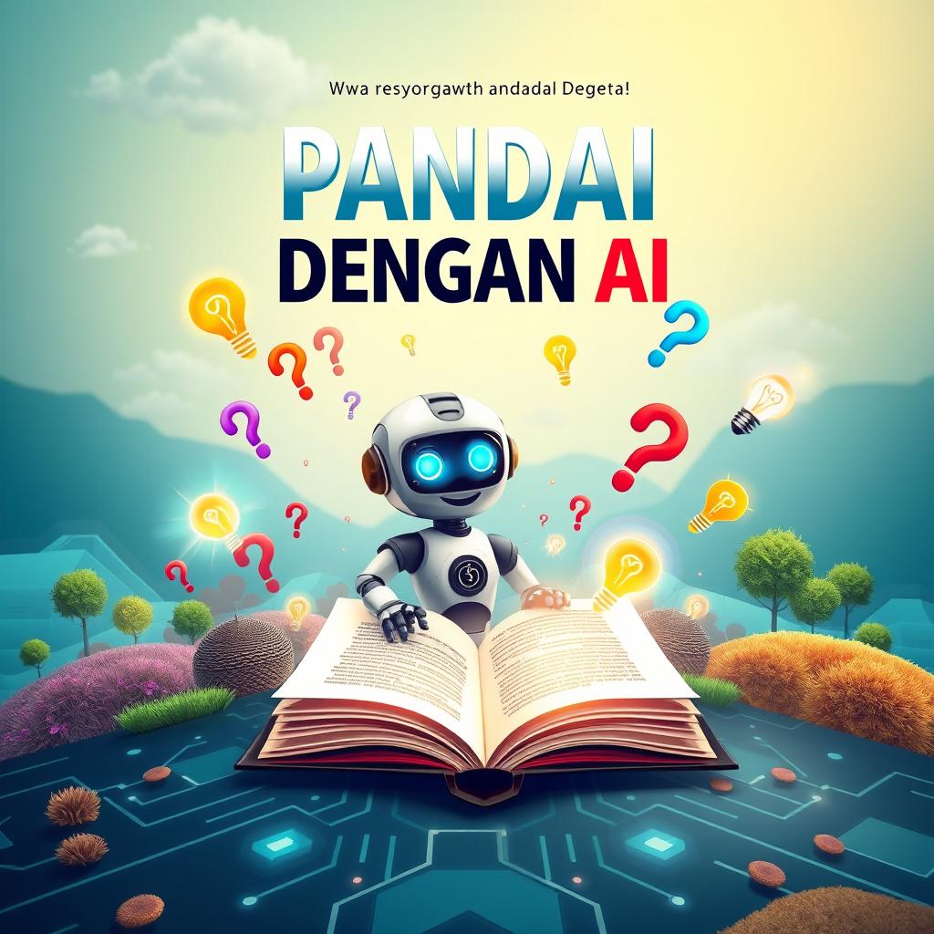 A visually engaging book cover design titled 'PANDAI DENGAN AI', which embodies the essence of artificial intelligence and its capability to answer all questions