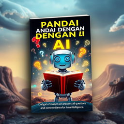 An eye-catching book cover design for 'PANDAI DENGAN AI', which explores the theme of artificial intelligence that answers all questions and enhances human intelligence
