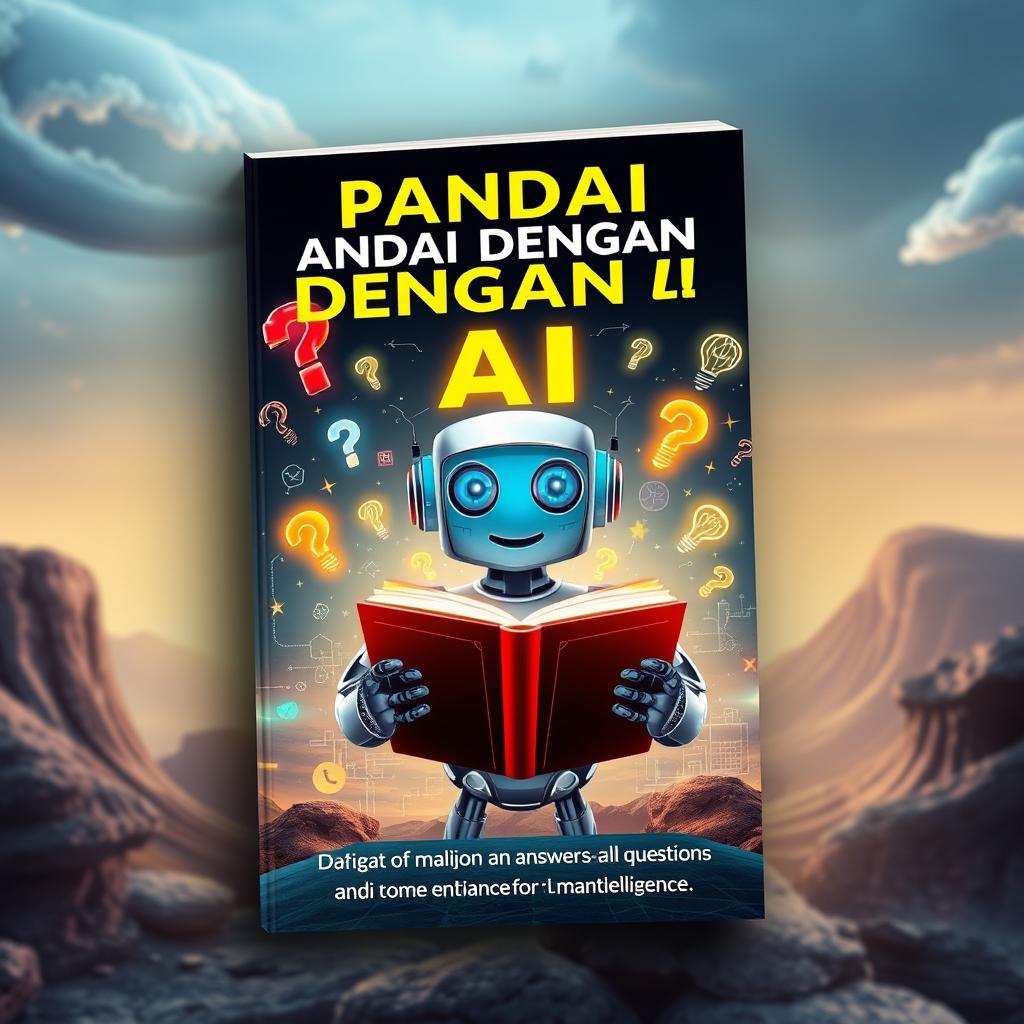 An eye-catching book cover design for 'PANDAI DENGAN AI', which explores the theme of artificial intelligence that answers all questions and enhances human intelligence