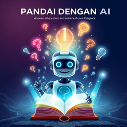An eye-catching book cover design for 'PANDAI DENGAN AI', which explores the theme of artificial intelligence that answers all questions and enhances human intelligence