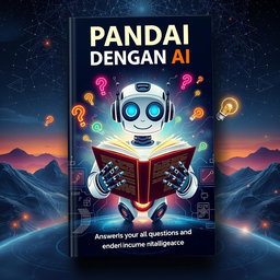 An eye-catching book cover design for 'PANDAI DENGAN AI', which explores the theme of artificial intelligence that answers all questions and enhances human intelligence