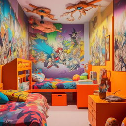 A men's bedroom influenced by anime, featuring vibrant colors, manga-themed wall art, unique furnishings inspired by popular characters, and a cozy yet imaginative ambience.